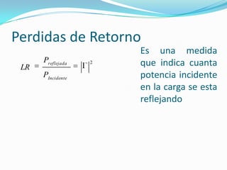 Perdidas de Retorno
Es una medida
que indica cuanta
potencia incidente
en la carga se esta
reflejando
2
Incidente
reflejada
P
P
LR
 