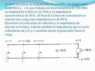 Se tiene una línea de transmisión sin perdida, con papel como
dieléctrico εr =3, que trabaja con una frecuencia de 300 MHz
La longitud de la línea es de 10m y su impedancia
características de 50 Ω . Al final de la línea de transmisión se
conecta una carga cuya impedancia es de 80 Ω.
Encuentre el coeficiente de reflexión y la impedancia de
entrada en la línea. Calcule también la impedancia que se vería
a distancias de λ/2 y λ ,medidas desde el generador hacia la
carga.
 