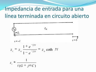 Impedancia de entrada para una
línea terminada en circuito abierto


coth
1
1
2
2
ooi
z
e
e
zz
)(
1
CjG
zi

 