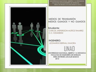 UNIVERSIDAD NACIONAL ABIERTA Y A DISTANCIA
FACULTAD DE INGENIERÍA DE SISTEMAS
ÁREA DE REDES LOCALES BASICO 2013

MEDIOS DE TRANSMISIÓN
MEDIOS GUIADOS Y NO GUIADOS
Estudiante:
CARLOS JHEFERSSON MUÑOZ RAMIREZ
C.C.1032438302

INGENIERO:
LEONARDO BERNAL ZAMORA

UNAD

UNIVERSIDAD NACIONAL ABIERTA Y A DISTANCIA
FACULTAD DE INGENIERÍA DE SISTEMAS
ÁREA DE REDES LOCALES BASICO
2013

 