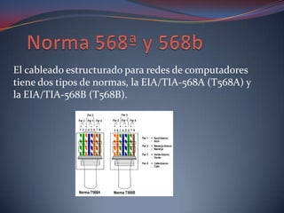 El cableado estructurado para redes de computadores
tiene dos tipos de normas, la EIA/TIA-568A (T568A) y
la EIA/TIA-568B (T568B).
 