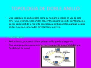 TOPOLOGIA DE DOBLE ANILLO
• Una topología en anillo doble como su nombre lo indica en vez de solo
tener un anillo tiene dos anillos concéntricos para trasmitir la información,
donde cada host de la red está conectado a ambos anillos, aunque los dos
anillos no están conectados directamente entre sí.
• VENTAJAS
• Redundancia, porque si falla el primer anillo queda el segundo.
• Otra ventaja podemos mencionar que incrementa la confiabilidad y la
flexibilidad de la red
 