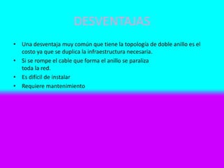 DESVENTAJAS
• Una desventaja muy común que tiene la topología de doble anillo es el
costo ya que se duplica la infraestructura necesaria.
• Si se rompe el cable que forma el anillo se paraliza
toda la red.
• Es difícil de instalar
• Requiere mantenimiento
 