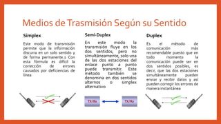 Medios deTrasmisión Según su Sentido
Simplex
Este modo de transmisión
permite que la información
discurra en un solo sentido y
de forma permanente.1 Con
esta fórmula es difícil la
corrección de errores
causados por deficiencias de
línea
Duplex
Es el método de
comunicación más
recomendable puesto que en
todo momento la
comunicación puede ser en
dos sentidos posibles, es
decir, que las dos estaciones
simultáneamente pueden
enviar y recibir datos y así
pueden corregir los errores de
manera instantánea
Semi-Duplex
En este modo la
transmisión fluye en los
dos sentidos, pero no
simultáneamente, solo una
de las dos estaciones del
enlace punto a punto
puede transmitir. Este
método también se
denomina en dos sentidos
alternos o simplex
alternativo
 