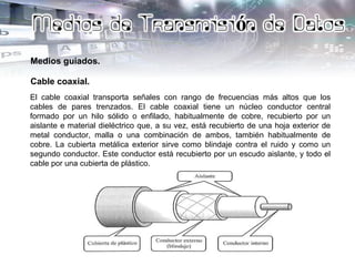 Medios guiados.
Cable coaxial.
El cable coaxial transporta señales con rango de frecuencias más altos que los
cables de pares trenzados. El cable coaxial tiene un núcleo conductor central
formado por un hilo sólido o enfilado, habitualmente de cobre, recubierto por un
aislante e material dieléctrico que, a su vez, está recubierto de una hoja exterior de
metal conductor, malla o una combinación de ambos, también habitualmente de
cobre. La cubierta metálica exterior sirve como blindaje contra el ruido y como un
segundo conductor. Este conductor está recubierto por un escudo aislante, y todo el
cable por una cubierta de plástico.
 
