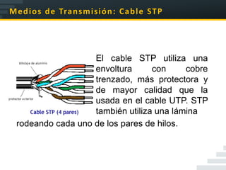 M e d i o s d e Tra n s m i s i ó n : C a b l e ST P




                    El cable STP utiliza una
                    envoltura      con     cobre
                    trenzado, más protectora y
                    de mayor calidad que la
                    usada en el cable UTP. STP
                    también utiliza una lámina
  rodeando cada uno de los pares de hilos.
 