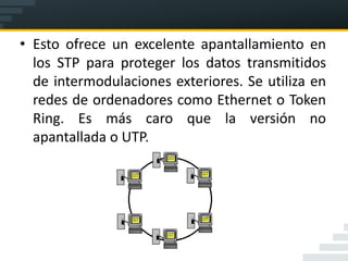 • Esto ofrece un excelente apantallamiento en
  los STP para proteger los datos transmitidos
  de intermodulaciones exteriores. Se utiliza en
  redes de ordenadores como Ethernet o Token
  Ring. Es más caro que la versión no
  apantallada o UTP.
 