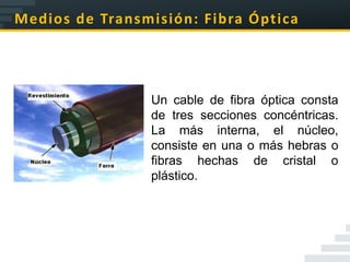 Medios de Transmisión: Fibra Óptica




                Un cable de fibra óptica consta
                de tres secciones concéntricas.
                La más interna, el núcleo,
                consiste en una o más hebras o
                fibras hechas de cristal o
                plástico.
 