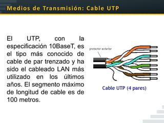 M e d i o s d e Tra n s m i s i ó n : C a b l e U T P



El      UTP,     con     la
especificación 10BaseT, es
el tipo más conocido de
cable de par trenzado y ha
sido el cableado LAN más
utilizado en los últimos
años. El segmento máximo
de longitud de cable es de
100 metros.
 