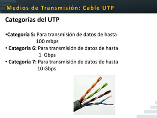 M e d i o s d e Tra n s m i s i ó n : C a b l e U T P
Categorías del UTP

•Categoría 5: Para transmisión de datos de hasta
              100 mbps
• Categoría 6: Para transmisión de datos de hasta
               1 Gbps
• Categoría 7: Para transmisión de datos de hasta
              10 Gbps
 