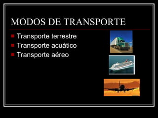 MODOS DE TRANSPORTE Transporte terrestre Transporte acuático Transporte aéreo 