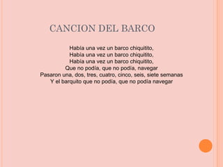 CANCION DEL BARCO Había una vez un barco chiquitito, Había una vez un barco chiquitito, Había una vez un barco chiquitito, Que no podía, que no podía, navegar Pasaron una, dos, tres, cuatro, cinco, seis, siete semanas Y el barquito que no podía, que no podía navegar 