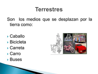 Son los medios que se desplazan por la
 tierra como:

 Caballo
 Bicicleta
 Carreta
 Carro
 Buses
 