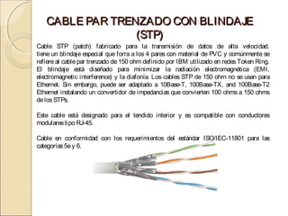 CABLE PAR TRENZADO CON BLINDAJE
                 (STP)
Cable STP (patch) fabricado para la transmisión de datos de alta velocidad.
tiene un blindaje especial que forra a los 4 pares con material de PVC y comúnmente se
refiere al cable par trenzado de 150 ohm definido por IBM utilizado en redes Token Ring.
El blindaje está diseñado para minimizar la radiación electromagnética (EMI,
electromagnetic interference) y la diafonía. Los cables STP de 150 ohm no se usan para
Ethernet. Sin embargo, puede ser adaptado a 10Base-T, 100Base-TX, and 100Base-T2
Ethernet instalando un convertidor de impedancias que convierten 100 ohms a 150 ohms
de los STPs.

Este cable está designado para el tendido interior y es compatible con conductores
modulares tipo RJ-45.

Cable en conformidad con los requerimientos del estándar ISO/IEC-11801 para las
categorías 5e y 6.
 