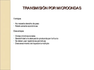 TRANSMISIÓN POR MICROONDAS

Ventajas:

• No necesita derecho de paso
• Relativamente económicas

Desventajas:

•   Ondas Unidireccionales
•   Sensibilidad a la atenuación producida por la lluvia
•   Se deben usar repetidoras periódicas
•   Desvanecimiento de trayectoria múltiple
 