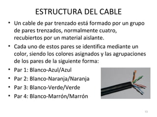 ESTRUCTURA DEL CABLE
• Un cable de par trenzado está formado por un grupo
de pares trenzados, normalmente cuatro,
recubiertos por un material aislante.
• Cada uno de estos pares se identifica mediante un
color, siendo los colores asignados y las agrupaciones
de los pares de la siguiente forma:
• Par 1: Blanco-Azul/Azul
• Par 2: Blanco-Naranja/Naranja
• Par 3: Blanco-Verde/Verde
• Par 4: Blanco-Marrón/Marrón
13
 