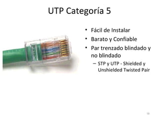 UTP Categoría 5
• Fácil de Instalar
• Barato y Confiable
• Par trenzado blindado y
no blindado
– STP y UTP - Shielded y
Unshielded Twisted Pair
18
 