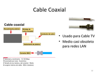 Cable Coaxial
• Usado para Cable TV
• Medio casi obsoleto
para redes LAN
32
 
