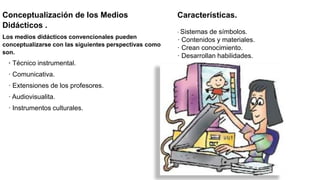 Conceptualización de los Medios
Didácticos .
Los medios didácticos convencionales pueden
conceptualizarse con las siguientes perspectivas como
son.
· Técnico instrumental.
· Comunicativa.
· Extensiones de los profesores.
· Audiovisualita.
· Instrumentos culturales.
Características.
· Sistemas de símbolos.
· Contenidos y materiales.
· Crean conocimiento.
· Desarrollan habilidades.
 