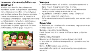 Los materiales manipulativos se
construyen
Se eligen los materiales, Después es muy
importante realizar un esquema de los distintos
elementos que compondrán el material ya que
cada familia o conjunto debe de estar completo.
En este material manipulativo se presentan 3
cualidades o características a seguir en actividades
como la selección manipulativo o clasificación:
color, forma geométrica y número de hojas.
Aunque cada uno puede organizar el set como
prefiera adaptándolo al grupo en cuestión.
Ventajas
• Fomentan el interés por la materia y colaboran a desterrar la
típica imagen de asignatura inerte y aburrida.
• Producen entusiasmo e ilusión. Suelen ser actividades que
tienen ganas de hacer y de enseñarle a otros.
• Ayudan tanto a introducir un tema como a comprender
procesos o a descubrir propiedades.
• Refuerzan automatismos útiles y necesarios para avanzar en las
clases.
Desventajas
Se debe tener con cuidado con los materiales o juegos a utilizar en
cuanto a la edad de cada niño.
Que estos materiales no sean tóxicos.
Puede distraer más de la cuenta al niño y no lograr el objetivo
deseado
Criterio para su elaboración
No uses más de dos colores (muchos distraen atención)
La letra debe ser suficientemente grande para que alcancen a leer
los de atrás.
No más de 12 líneas en cada cartulina.
Acomoda la información de manera que los conceptos tengan
 