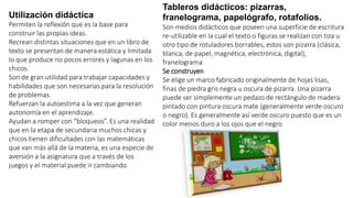 Utilización didáctica
Permiten la reflexión que es la base para
construir las propias ideas.
Recrean distintas situaciones que en un libro de
texto se presentan de manera estática y limitada
lo que produce no pocos errores y lagunas en los
chicos.
Son de gran utilidad para trabajar capacidades y
habilidades que son necesarias para la resolución
de problemas.
Refuerzan la autoestima a la vez que generan
autonomía en el aprendizaje.
Ayudan a romper con “bloqueos”. Es una realidad
que en la etapa de secundaria muchos chicas y
chicos tienen dificultades con las matemáticas
que van más allá de la materia, es una especie de
aversión a la asignatura que a través de los
juegos y el material puede ir cambiando.
Tableros didácticos: pizarras,
franelograma, papelógrafo, rotafolios.
Son medios didácticos que poseen una superficie de escritura
re-utilizable en la cual el texto o figuras se realizan con tiza u
otro tipo de rotuladores borrables, estos son pizarra (clásica,
blanca, de papel, magnética, electrónica, digital),
franelograma.
Se construyen
Se elige un marco fabricado originalmente de hojas lisas,
finas de piedra gris negra u oscura de pizarra. Una pizarra
puede ser simplemente un pedazo de rectángulo de madera
pintado con pintura oscura mate (generalmente verde oscuro
o negro). Es generalmente así verde oscuro puesto que es un
color menos duro a los ojos que el negro
 