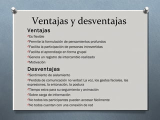 Ventajas y desventajas
Ventajas
OEs flexible
OPermite la formulación de pensamientos profundos
OFacilita la participación de personas introvertidas
OFacilita el aprendizaje en forma grupal
OGenera un registro de intercambio realizado
OMotivación
Desventajas
OSentimiento de aislamiento
OPerdida de comunicación no verbal: La voz, los gestos faciales, las
expresiones, la entonación, la postura
OTiempo extra para su seguimiento y animación
OSobre carga de información
ONo todos los participantes pueden accesar fácilmente
ONo todos cuentan con una conexión de red
 