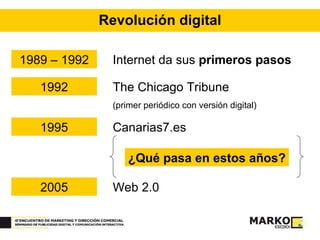 Revolución digital 1989 – 1992 Internet da sus  primeros pasos 1992 The Chicago Tribune  (primer periódico con versión digital) 1995 Canarias7.es 2005 Web 2.0 ¿Qué pasa en estos años? 