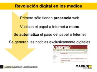 Revolución digital en los medios Primero sólo tienen  presencia  web Vuelcan el papel a Internet  a mano Se  automatiza  el paso del papel a Internet Se generan las noticias exclusivamente digitales 