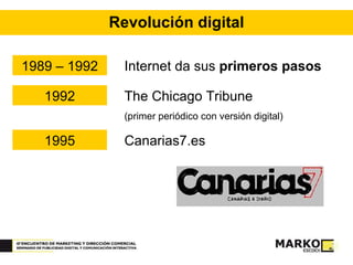 Revolución digital 1989 – 1992 Internet da sus  primeros pasos 1992 The Chicago Tribune  (primer periódico con versión digital) 1995 Canarias7.es 