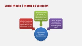 Social Media | Matriz de selección
Plataformas
Sociales
Seleccionadas
¿Está mi audiencia
de manera
significativa en esa
plataforma social?
¿Tengo capacidad
de adaptar mi
comunicación a la
idiosincrasia de la
plataforma social?
¿Tengo recursos
para atender
adecuadamente
esta plataforma
social?
 