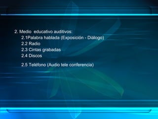 2. Medio  educativo auditivos: 2.1Palabra hablada (Exposición - Diálogo) 2.2 Radio 2.3 Cintas grabadas 2.4 Discos 2.5 Teléfono (Audio tele conferencia)   