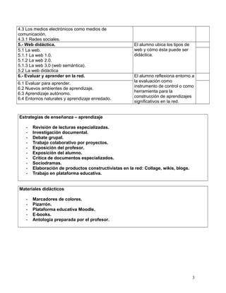 4.3 Los medios electrónicos como medios de
comunicación.
4.3.1 Redes sociales.
5.- Web didáctica. El alumno ubica los tipos de
web y cómo ésta puede ser
didáctica.
5.1 La web.
5.1.1 La web 1.0.
5.1.2 La web 2.0.
5.1.3 La web 3.0 (web semántica).
5.2 La web didáctica
6.- Evaluar y aprender en la red. El alumno reflexiona entorno a
la evaluación como
instrumento de control o como
herramienta para la
construcción de aprendizajes
significativos en la red.
6.1 Evaluar para aprender.
6.2 Nuevos ambientes de aprendizaje.
6.3 Aprendizaje autónomo.
6.4 Entornos naturales y aprendizaje enredado.
Estrategias de enseñanza – aprendizaje
- Revisión de lecturas especializadas.
- Investigación documental.
- Debate grupal.
- Trabajo colaborativo por proyectos.
- Exposición del profesor.
- Exposición del alumno.
- Crítica de documentos especializados.
- Sociodramas.
- Elaboración de productos constructivistas en la red: Collage, wikis, blogs.
- Trabajo en plataforma educativa.
Materiales didácticos
- Marcadores de colores.
- Pizarrón.
- Plataforma educativa Moodle.
- E-books.
- Antología preparada por el profesor.
3
 