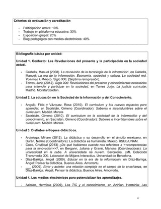 Criterios de evaluación y acreditación
- Participación activa: 10%
- Trabajo en plataforma educativa: 30%
- Exposición grupal: 20%
- Blog pedagógico con medios electrónicos: 40%
Bibliografía básica por unidad:
Unidad 1. Contexto: Las Revoluciones del presente y la participación en la sociedad
actual.
- Castells, Manuel (2008). La revolución de la tecnología de la información, en Castells,
Manuel: La era de la información. Economía, sociedad y cultura. La sociedad red.
Volumen I. México. Siglo XXI. (Séptima reimpresión).
- Torres, Jurjo (2012). Siglo XXI: Revoluciones del presente y conocimientos necesarios
para entender y participar en la sociedad, en Torres Jurjo: La justicia curricular.
Madrid. Morata/Colofón.
Unidad 2. La educación en la Sociedad de la Información y del Conocimiento.
- Angulo, Félix y Vázquez, Rosa (2010). El currículum y los nuevos espacios para
aprender, en Sacristán, Gimeno (Coordinador): Saberes e incertidumbres sobre el
currículum. Madrid. Morata
- Sacristán, Gimeno (2010). El currículum en la sociedad de la información y del
conocimiento, en Sacristán, Gimeno (Coordinador): Saberes e incertidumbres sobre el
currículum. Madrid. Morata.
Unidad 3. Distintos enfoques didácticos.
- Arciniega, Miriam (2012). La didáctica y su desarrollo en el ámbito mexicano, en
Durán, Norma (Coordinadora): La didáctica es humanista. México. IISUE/UNAM.
- Cobo, Cristóbal (2013) ¿De qué hablamos cuando nos referimos a <<competencias
para la innovación>>?, en Bergann, Juliana y Grané, Mariona (Coordinadoras): La
universidad en la nube. A universidade na nuvem. Barcelona. LMI. Colección
Transmedia XXI. Laboratori de Mitjans Interactius. Univeridad de Bercelona.
- Díaz-Barriga, Ángel (2009). Educar en la era de la información, en Díaz-Barriga,
Ángel: Pensar la didáctica. Buenos Aires. Amorrortu.
- ___ (2009). Error y acierto: una relación compleja en el campo de la enseñanza, en
Díaz-Barriga, Ángel. Pensar la didáctica. Buenos Aires. Amorrortu.
Unidad 4. Los medios electrónicos para potencializar los aprendizajes.
- Azinian, Herminia (2009). Las TIC y el conocimiento, en Azinian, Herminia: Las
4
 