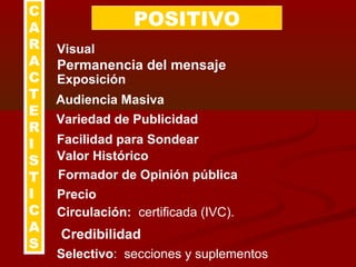 POSITIVO
C
A
R
A
C
T
E
R
I
S
T
I
C
A
S
Visual
Permanencia del mensaje
Exposición
Audiencia Masiva
Variedad de Publicidad
Facilidad para Sondear
Valor Histórico
Formador de Opinión pública
Precio
Circulación: certificada (IVC).
Selectivo: secciones y suplementos
Credibilidad
 