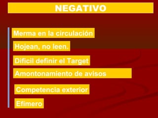 NEGATIVO
Merma en la circulación
Hojean, no leen.
Dificil definir el Target
Amontonamiento de avisos
Competencia exterior
Efímero
 