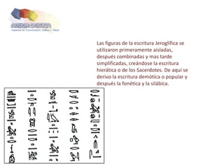Las figuras de la escritura Jeroglífica se
utilizaron primeramente aisladas,
después combinadas y mas tarde
simplificadas, creándose la escritura
hierática o de los Sacerdotes. De aquí se
derivo la escritura demótica o popular y
después la fonética y la silábica.
 