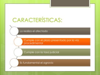 CARACTERÍSTICAS:
Lo realiza el afectado
Cumple con el plazo presentado por la vía
procedimental
Cumple con la tasa judicial
Es fundamental el agravio
 