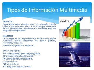 GRAFICOS
Representaciones visuales que el ordenador podía
generar que no fueran texto. Con el tiempo, el término
se ha generalizado, aplicándose a cualquier tipo de
imagen de computador.
IMAGENES
Una imagen es una representación visual de un objeto
mediante técnicas diferentes de diseño, pintura,
fotografía, video, etc.
Formatos de graficos e imagenes:
BMP mapa de bits.
JPEG joint photographics expert groups.
GIF graphics interchange format.
PNG portable network graphics.
CDR corel draw.
PSD photo shop.
TIFF tagged image file format.
Tipos de Información Multimedia
Gráfica
Imagen
 