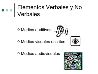 Elementos Verbales y No Verbales Medios auditivos Medios visuales escritos Medios audiovisuales