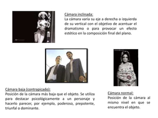 Cámara inclinada:
La cámara varía su eje a derecha o izquierda
de su vertical con el objetivo de acentuar el
dramatismo o para provocar un efecto
estético en la composición final del plano.
Cámara normal:
Posición de la cámara al
mismo nivel en que se
encuentra el objeto.
Cámara baja (contrapicado):
Posición de la cámara más baja que el objeto. Se utiliza
para destacar psicológicamente a un personaje y
hacerlo parecer, por ejemplo, poderoso, prepotente,
triunfal o dominante.
 