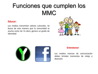 Funciones que cumplen los
MMC
Entretener
Los medios masivos de comunicación
deben brindan momentos de relajo y
diversión
Educar:
Los medios transmiten valores culturales. Se
busca de esta manera que la comunidad se
asuma como tal. Es decir, genera un grado de
Identidad
 