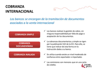 COBRANZA
INTERNACIONAL
Los bancos se encargan de la tramitación de documentos
asociados a la venta internacional
COBRANZA SIMPLE
COBRANZA AVALADA
COBRANZA
DOCUMENTARIA
 Los bancos realizan la gestión de cobro, sin
ninguna responsabilidad por falta de pago o
aceptación de los documentos.
 La cobranzas documentarias y simple se rigen
por la publicación 522 de la CCI. Para ello, se
tiene que indicar de esta forma en la
instrucción dada a su banco.
 Se utiliza cuando existe un nivel moderado de
confianza entre exportador e importador.
 Las comisiones son menores que en una carta
de crédito.
 