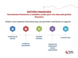 GESTIÓN FINANCIERA
Herramientas financieras y contables usadas para una adecuada gestión
financiera
Existen cinco reportes financieros que nos permiten monitorear el negocio
PLANTILLA DE
COSTOS
ESTADO DE
RESULTADOS
BALANCE
GENERAL
ANÁLISIS DE
PRINCIPALES
RATIOS
FINANCIEROS
FLUJO DE CAJA
 