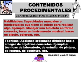 CONTENIDOS
PROCEDIMENTALES
CLASIFICACIÓN POR BLANCO PRIETO
Habilidades: Capacidades manuales o
intelectuales que tiene el sujeto para realizar
algo. Ejemplo: Manejar una bicicleta en forma
correcta, tocar un instrumento musical, hacer
un dibujo, colorear, etc.
Técnicas: Acciones ordenadas dirigidas hacia
el logro de objetivos concretos. Ejemplos:
técnicas de laboratorio, de estudio, de pintura,
de lectura, de escritura, etc.
MAGISTRA MAYDEÉ TUÑÓN
 
