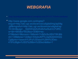 WEBGRAFIA

●   http://tecnologiaeinformatica1.wordpress.com/2011/01/30/hola-estudiante/
●
    http://www.google.com.co/imgres?
    imgurl=http://atc.ugr.es/docencia/udigital/img/ap04g
    .gif&imgrefurl=http://atc.ugr.es/docencia/udigital/ap
    10.html&usg=__NdAWnjQXzKo8vhw5lubVLPJtRC
    w=&h=685&w=602&sz=20&hl=es-
    419&start=9&zoom=1&tbnid=7v5jGcSu3SiVYM:&tb
    nh=139&tbnw=122&ei=XSxbUKPYL4qi9QSA54GQ
    Cg&prev=/search%3Fq%3Dascii%26hl%3Des-
    419%26gbv%3D2%26tbm%3Disch&itbs=1
 