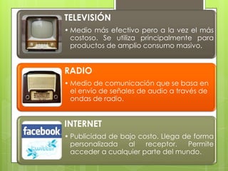 TELEVISIÓN
• Medio más efectivo pero a la vez el más
costoso. Se utiliza principalmente para
productos de amplio consumo masivo.
RADIO
• Medio de comunicación que se basa en
el envío de señales de audio a través de
ondas de radio.
INTERNET
• Publicidad de bajo costo. Llega de forma
personalizada al receptor. Permite
acceder a cualquier parte del mundo.
 
