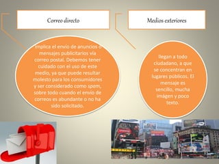 Correo directo
implica el envío de anuncios o
mensajes publicitarios vía
correo postal. Debemos tener
cuidado con el uso de este
medio, ya que puede resultar
molesto para los consumidores
y ser considerado como spam,
sobre todo cuando el envío de
correos es abundante o no ha
sido solicitado.
Medios exteriores
llegan a todo
ciudadano, a que
se concentran en
lugares públicos. El
mensaje es
sencillo, mucha
imágen y poco
texto.
 