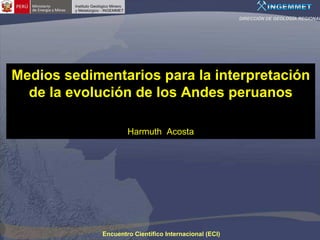 DIRECCIÓN DE GEOLOGÍA REGIONAL




Medios sedimentarios para la interpretación
  de la evolución de los Andes peruanos

                     Harmuth Acosta




             Encuentro Científico Internacional (ECI)
 