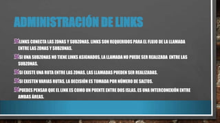ADMINISTRACIÓN DE LINKS
LINKS CONECTA LAS ZONAS Y SUBZONAS. LINKS SON REQUERIDOS PARA EL FLUJO DE LA LLAMADA
ENTRE LAS ZONAS Y SUBZONAS.
SI UNA SUBZONAS NO TIENE LINKS ASIGNADOS, LA LLAMADA NO PUEDE SER REALIZADA ENTRE LAS
SUBZONAS.
SI EXISTE UNA RUTA ENTRE LAS ZONAS, LAS LLAMADAS PUEDEN SER REALIZADAS.
SI EXISTEN VARIAS RUTAS, LA DECISIÓN ES TOMADA POR NÚMERO DE SALTOS.
PUEDES PENSAR QUE EL LINK ES COMO UN PUENTE ENTRE DOS ISLAS. ES UNA INTERCONEXIÓN ENTRE
AMBAS ÁREAS.

 
