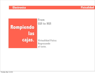 Electronics                         Fisicalidad


                                   From
                                   GUI to NUI
                 Rompiendo
                        las
                     cajas.        Virtualidad Física:
                                   Regresando
                                   al tacto.




Thursday, May 13, 2010
 